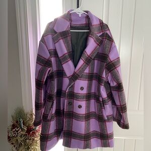 Time and Tru Women's Plaid Pea Coat in Purple and Gray